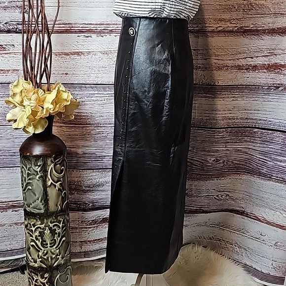 NWT YING DAK RHINESTONE 100% BLACK LEATHER LINED MAXI SKIRT - Picture 4 of 16
